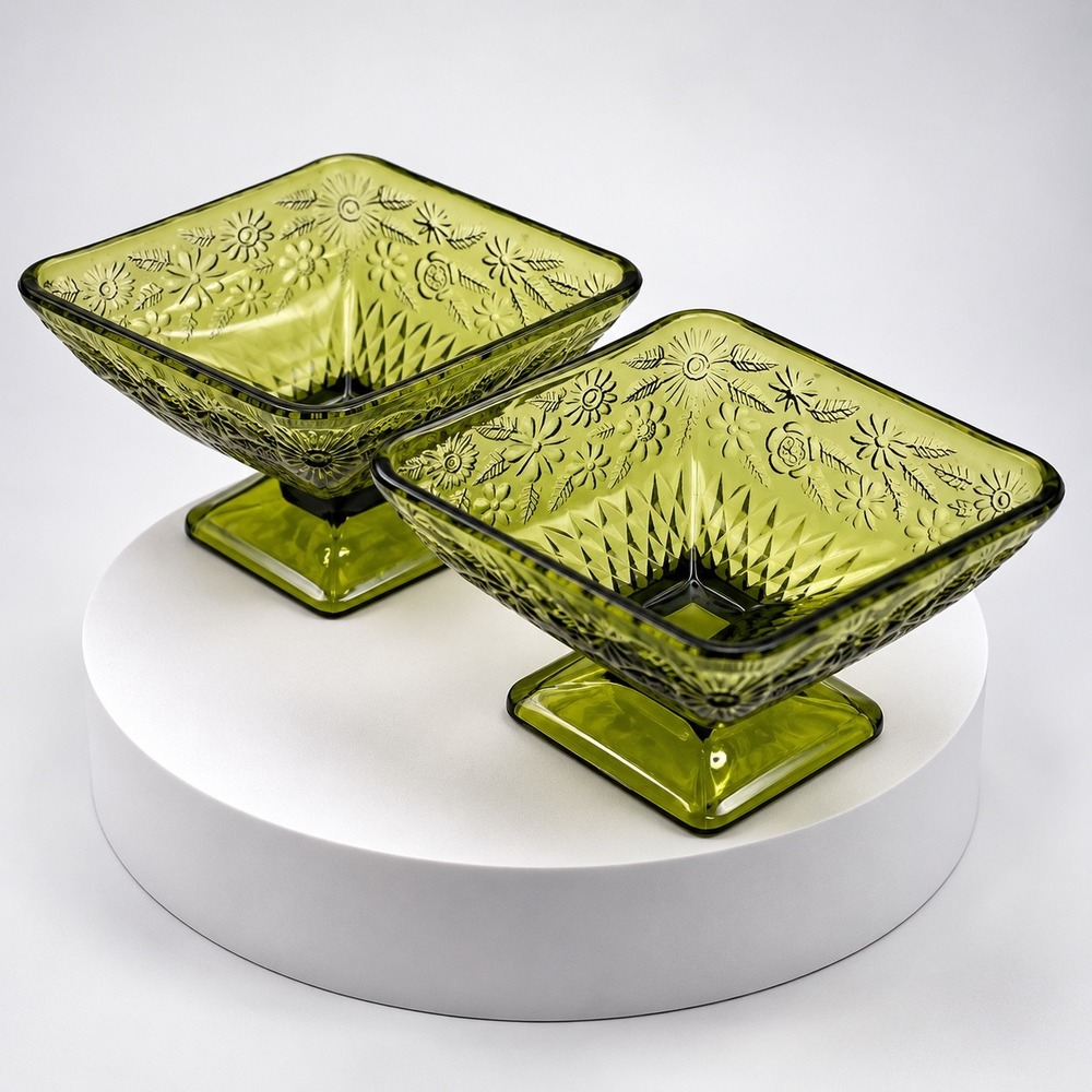 Indiana Glass Olive Green Floral Diamond Point Square Footed Bowls Set of 2